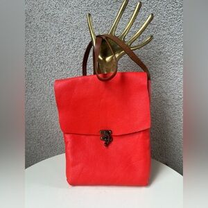 Vintage boho crossbody bag orange brown leather handmade 10” x 8”